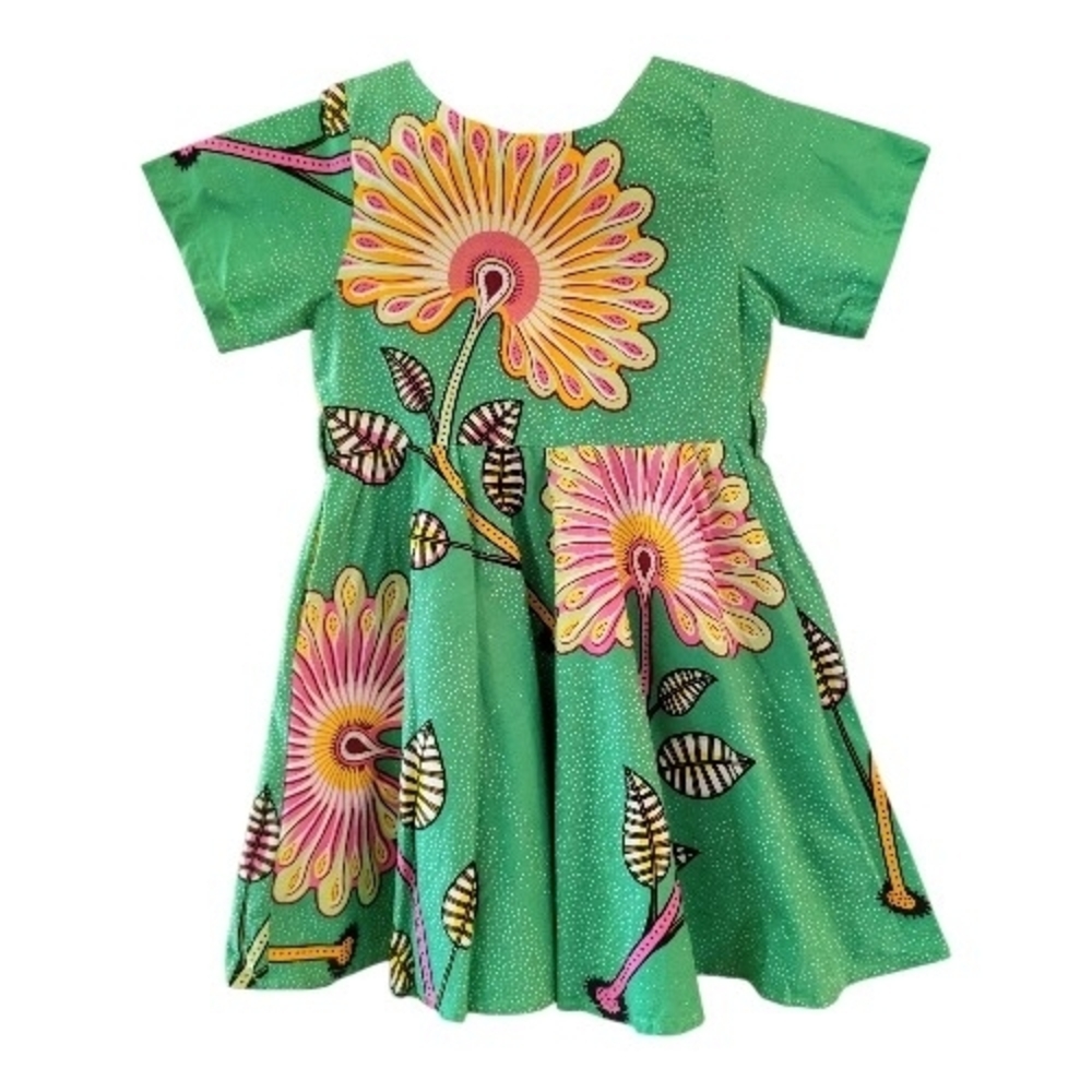 Vibrant Floral Kids' Casual Dress in Green - Size 6
